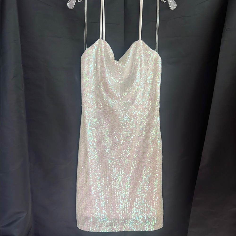 White Sequin Mini Dress with Spaghetti Straps